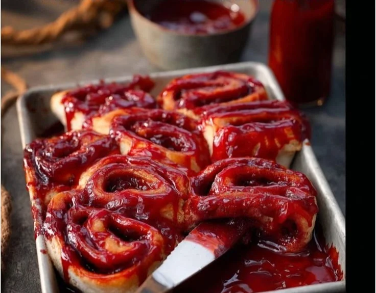 Halloween Bloody Cinnamon Rolls topped with red icing for a spooky touch