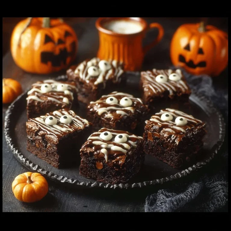 Plate of Halloween brownies decorated with spooky frosting designs