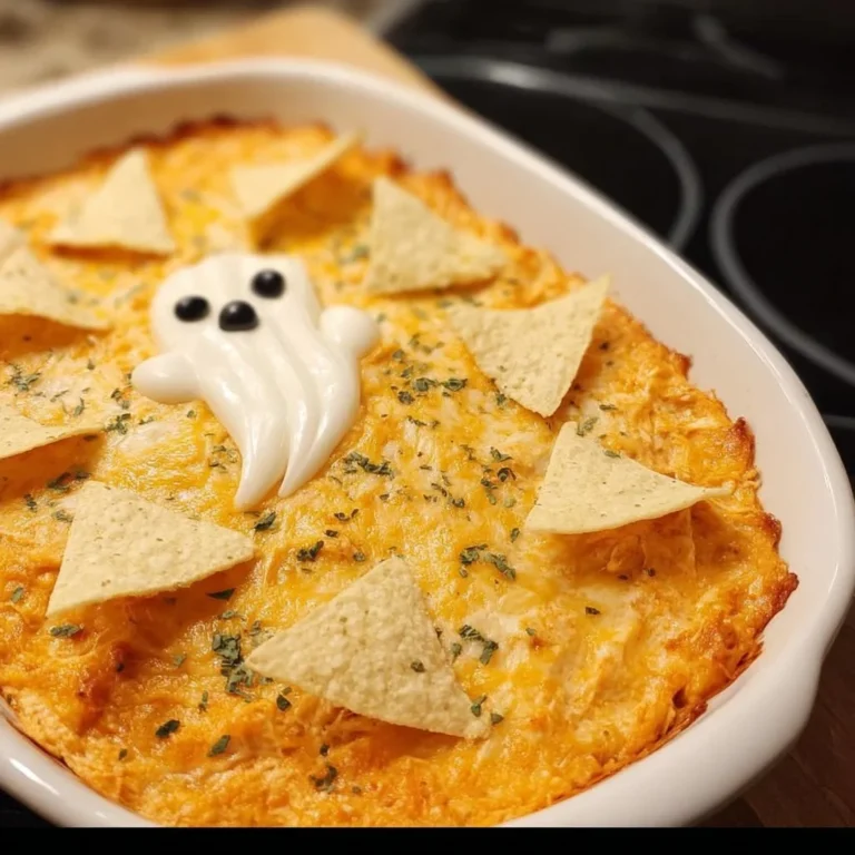 Halloween-themed Buffalo Chicken Dip served in a spooky design