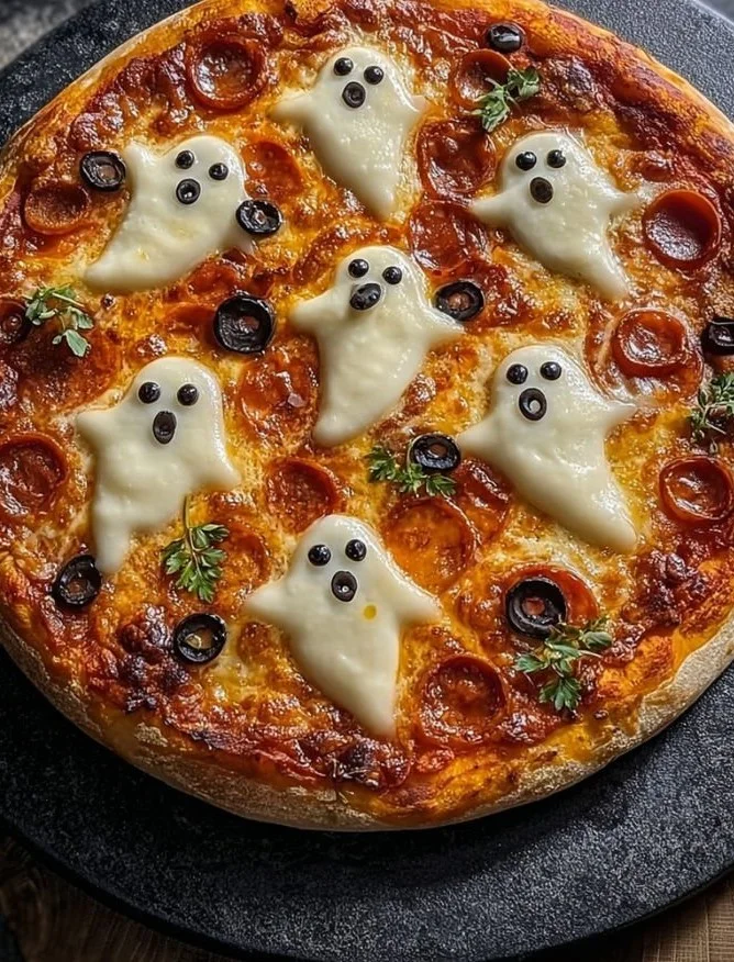 Halloween Ghost Pizza with spooky ghost toppings