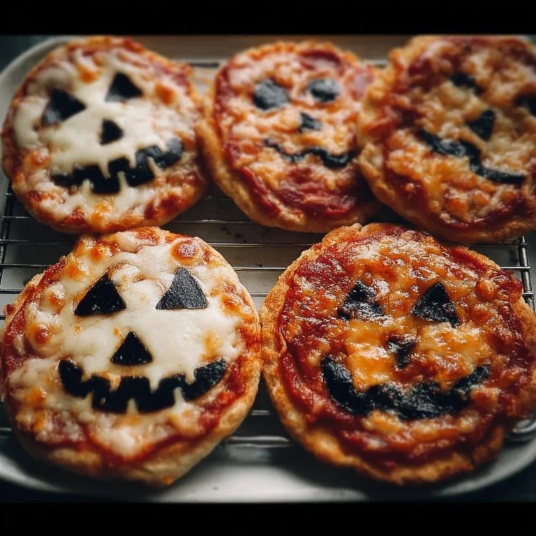 Halloween-themed mini pizzas decorated with spooky toppings