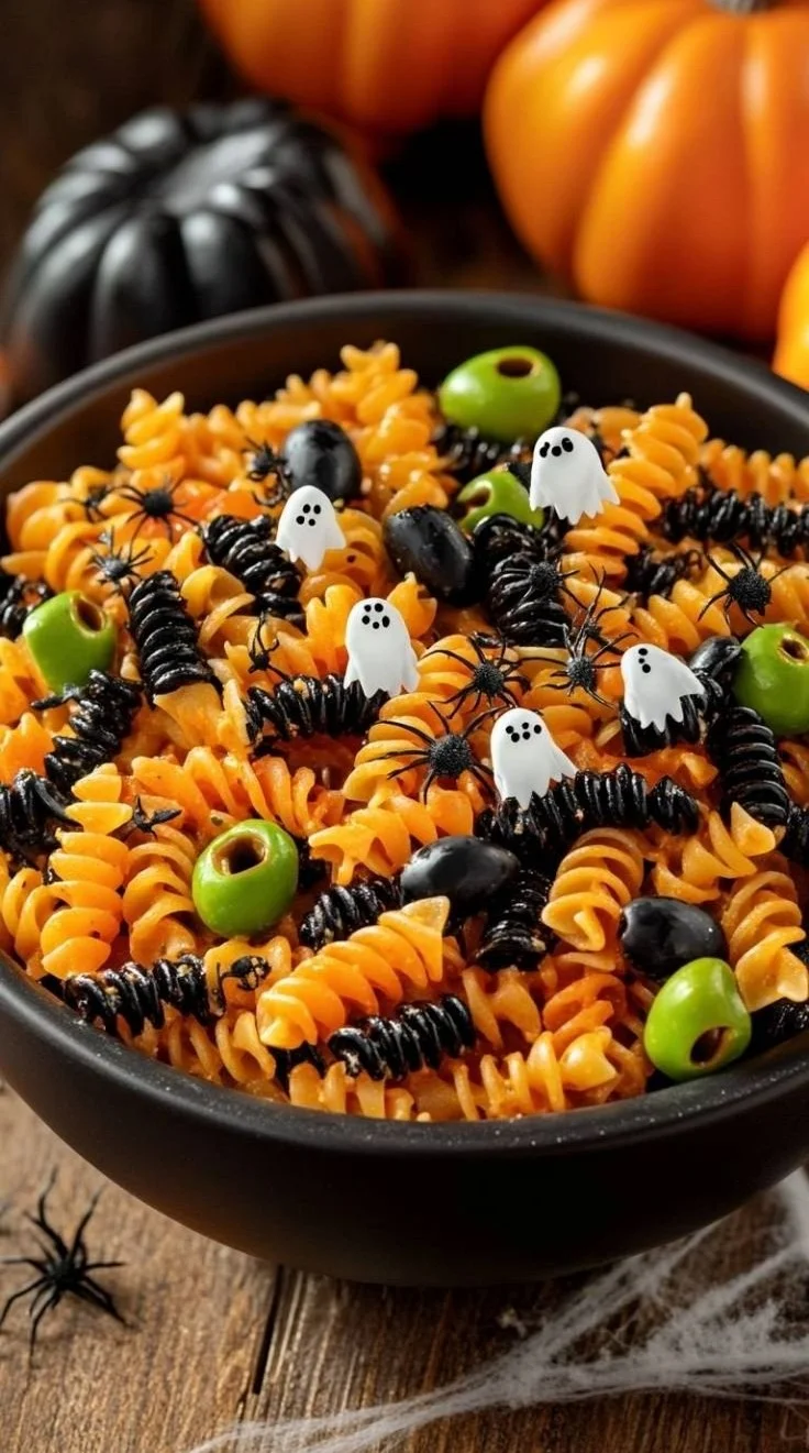 Halloween Pasta Salad with Meatballs decorated for festive celebrations