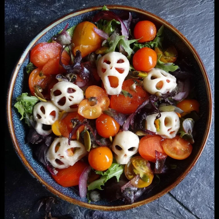 Colorful Halloween Salad with spooky decorations and fresh ingredients