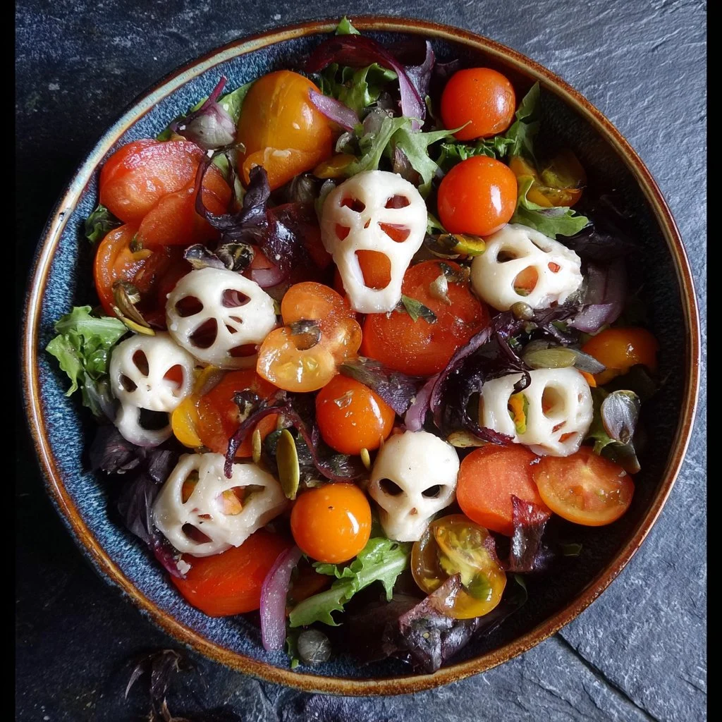 Colorful Halloween Salad with spooky decorations and fresh ingredients