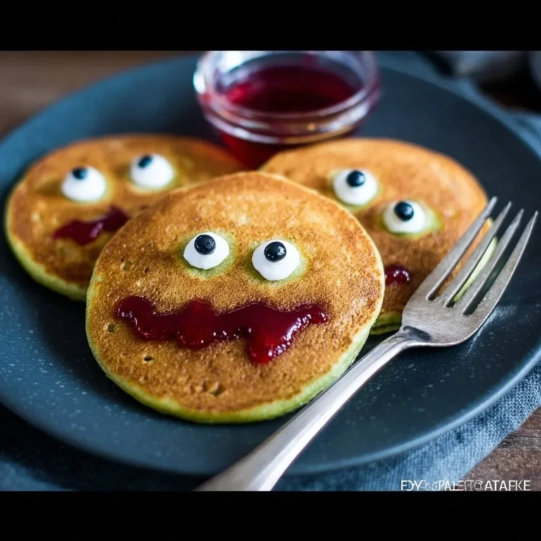 Healthy Halloween Monster Pancakes decorated for a spooky breakfast