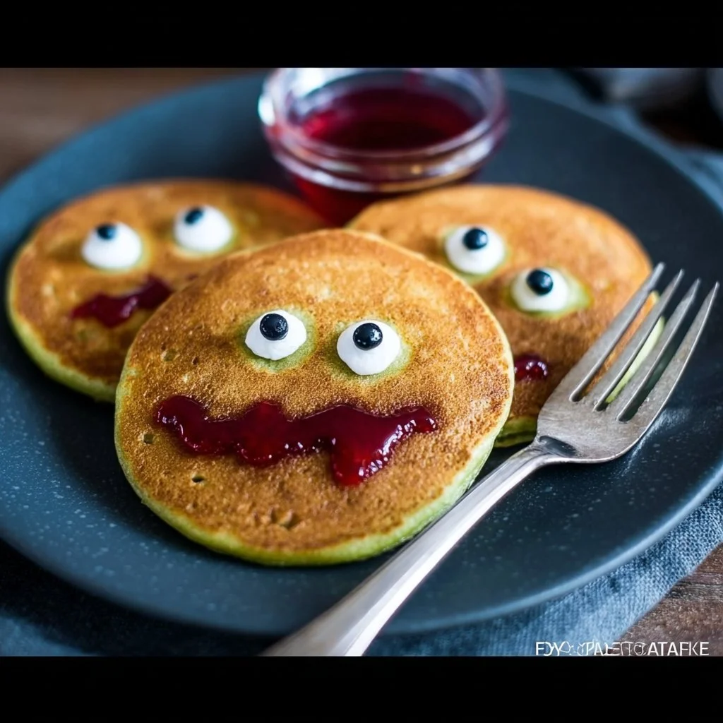 Healthy Halloween Monster Pancakes decorated for a spooky breakfast