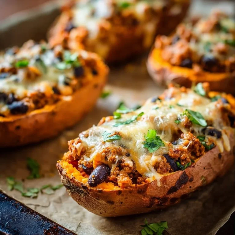 High protein ground turkey stuffed sweet potato dish