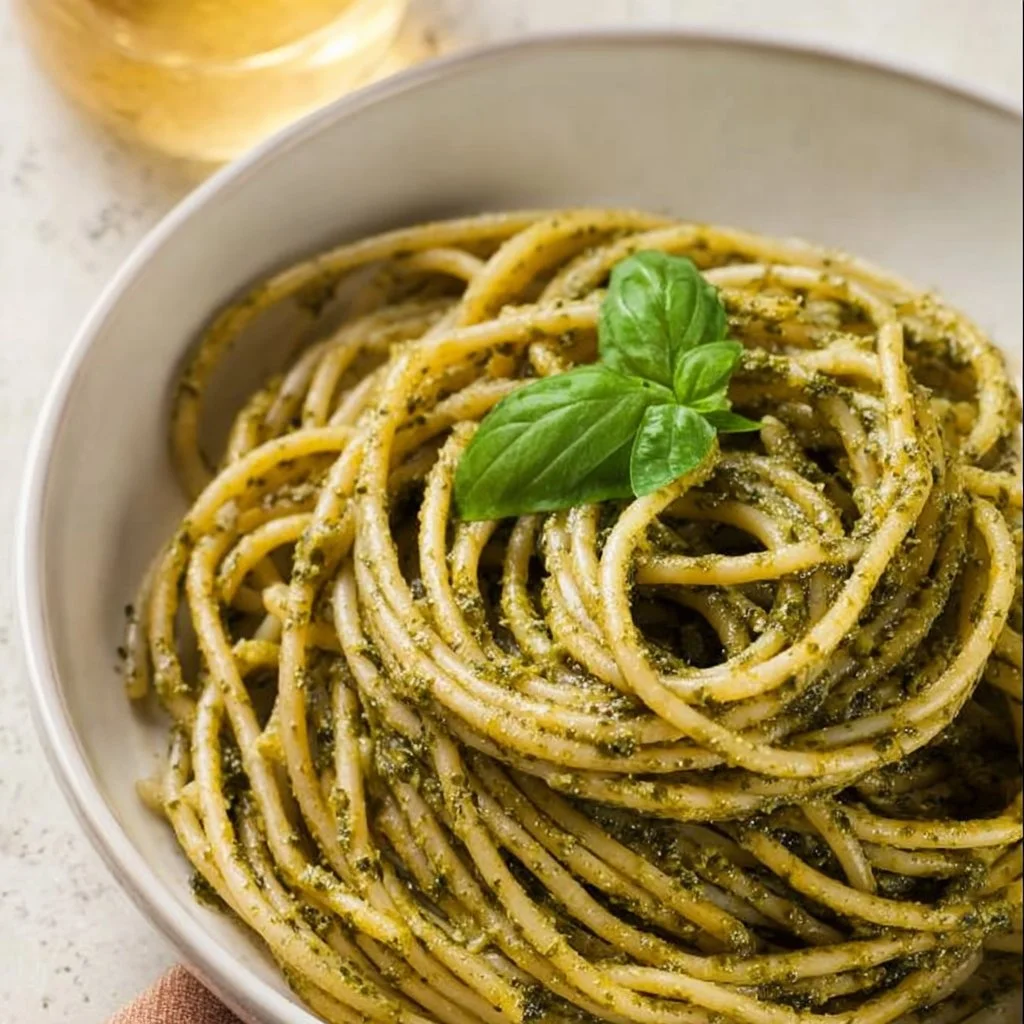 Bowl of homemade pesto sauce made with fresh basil, pine nuts, and olive oil.
