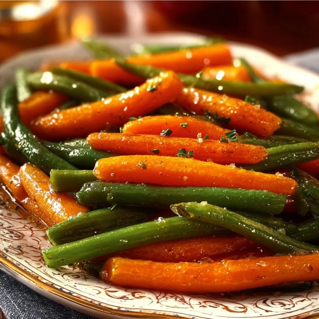 Honey glazed carrots and green beans served on a plate