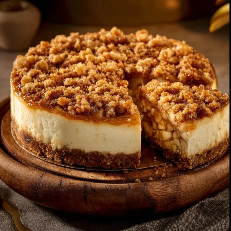 Delicious apple crumble cheesecake topped with crumbled topping.
