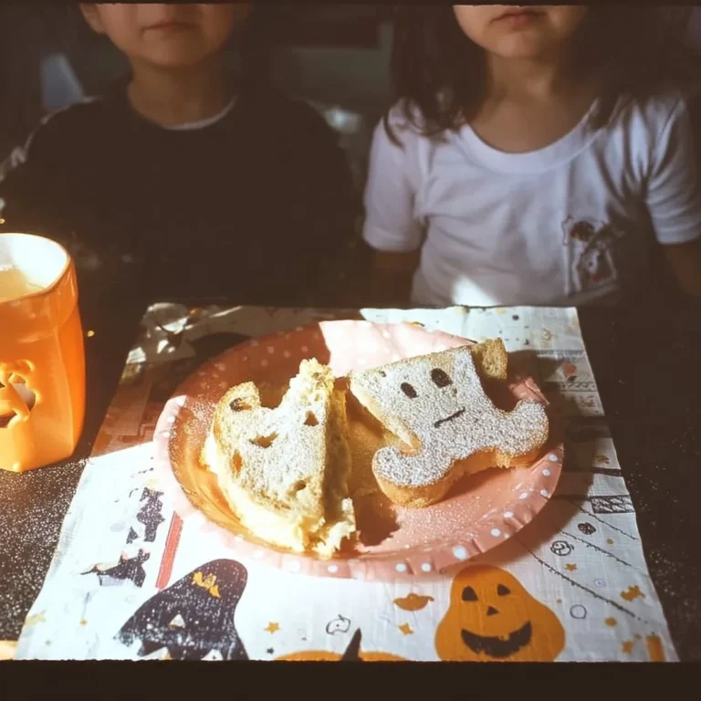 Spooky kid’s Halloween breakfast with themed pancakes and decorations
