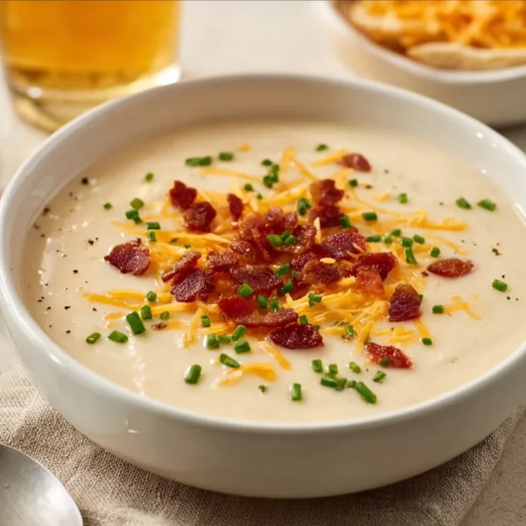Bowl of creamy loaded baked potato soup topped with bacon, cheese, and chives
