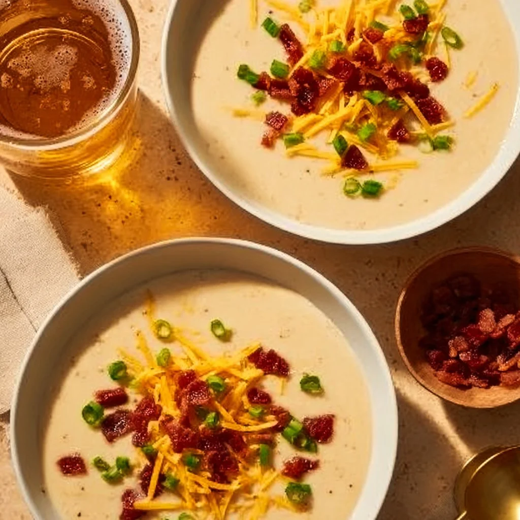 Bowl of loaded baked potato soup topped with cheese, bacon, and green onions.