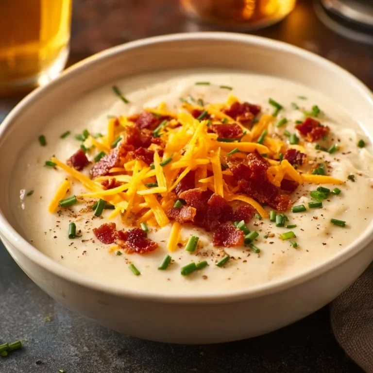 A bowl of loaded baked potato soup topped with cheese, bacon, and green onions.