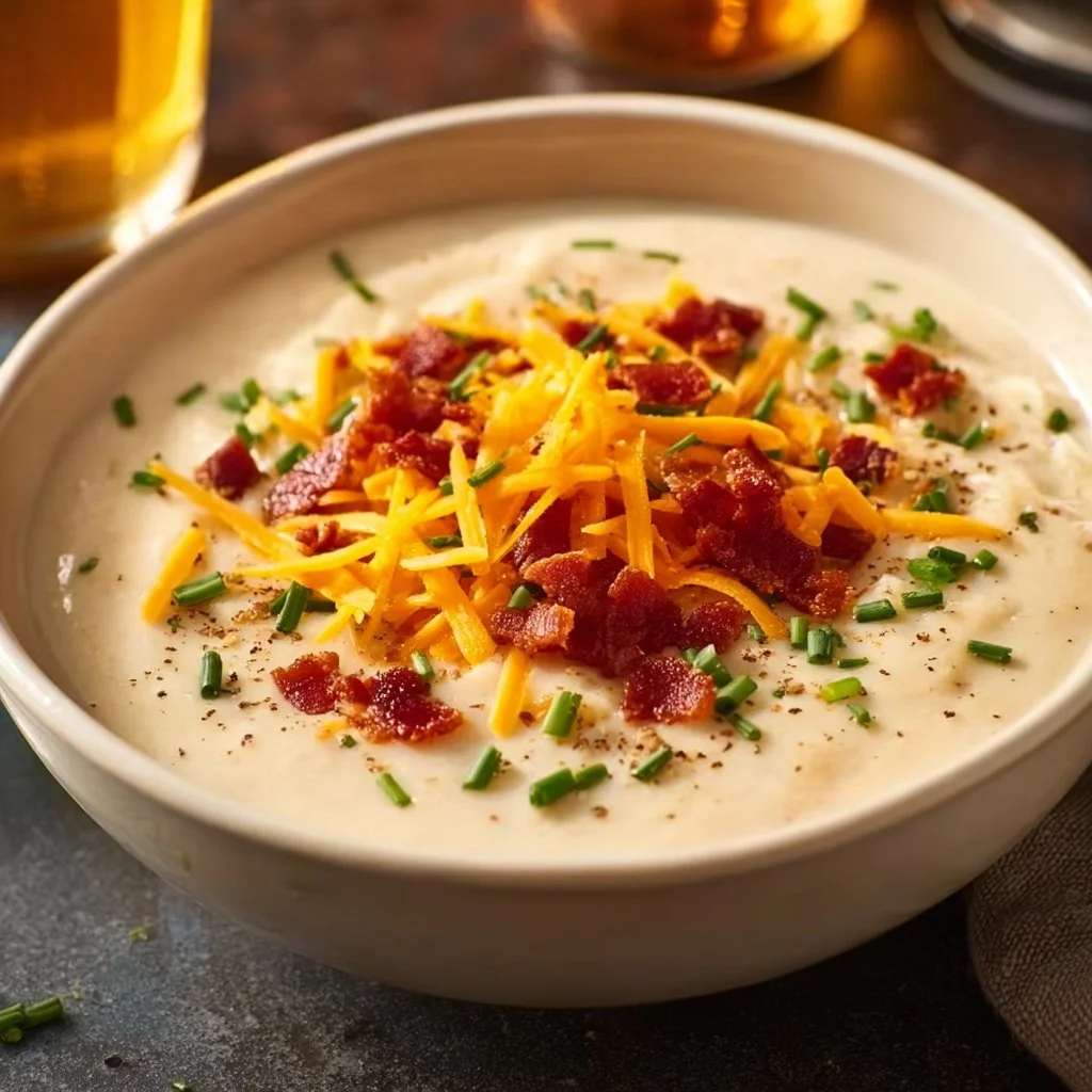 A bowl of loaded baked potato soup topped with cheese, bacon, and green onions.