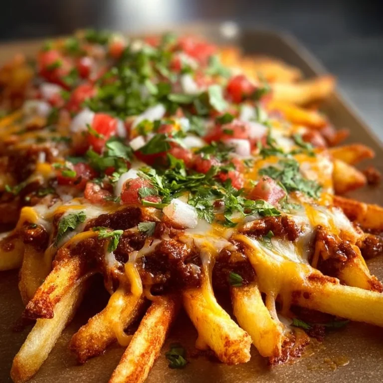Loaded chili cheese fries topped with chili and cheese in a serving dish.
