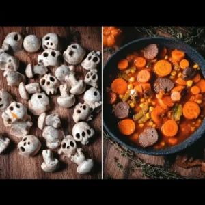 Spooky witches brew stew with sausage, beef, and skull mushrooms for Halloween