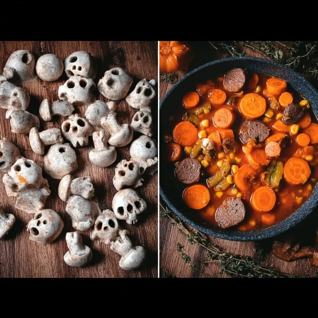 Spooky witches brew stew with sausage, beef, and skull mushrooms for Halloween