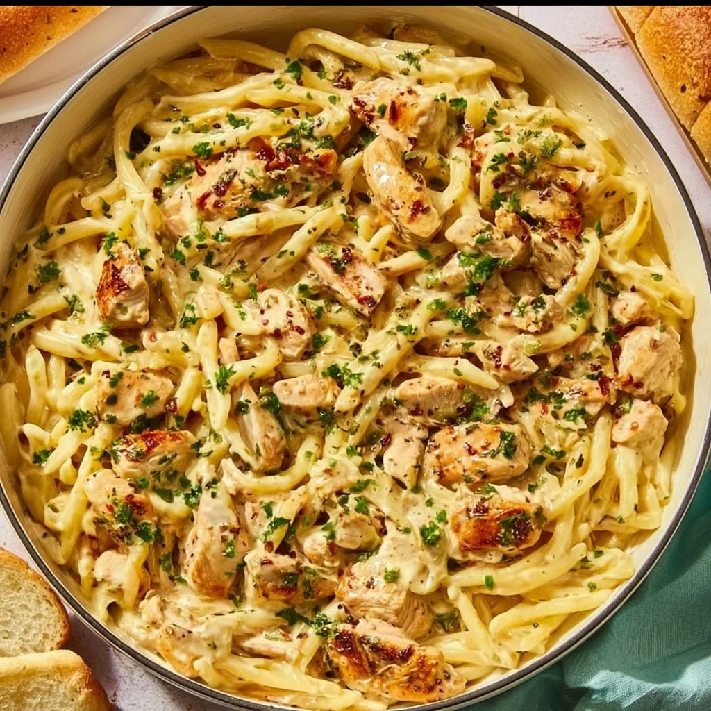 Delicious bowl of Marry Me Chicken Pasta with creamy sauce and herbs.