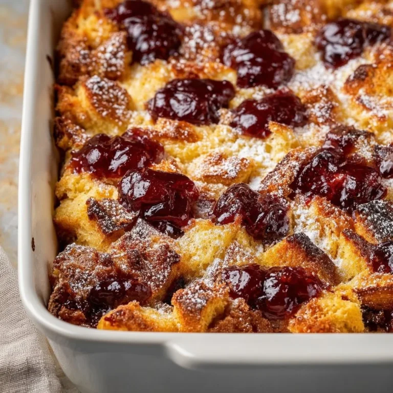 Monte Cristo French Toast Casserole baked in a dish, topped with powdered sugar