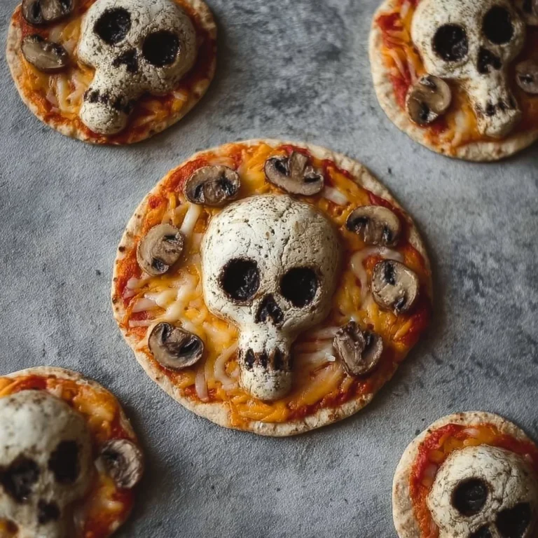 Spooky pizza with mushroom skulls for a fun Halloween treat.
