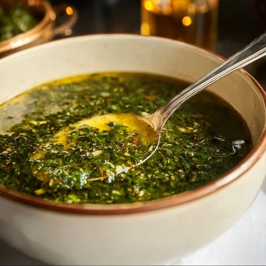 Bowl of Mulukhiya (Jute Mallow Soup) garnished with herbs and spices