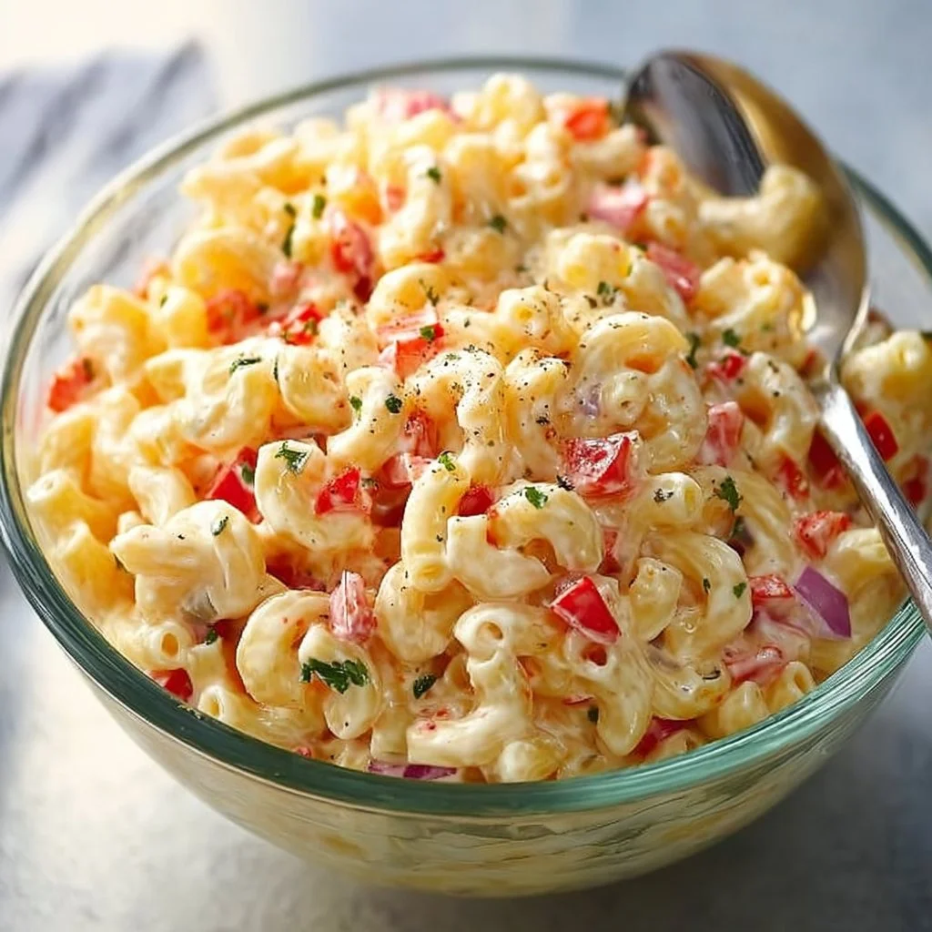 Bowl of Old-Fashioned Sweet Macaroni Salad garnished with herbs
