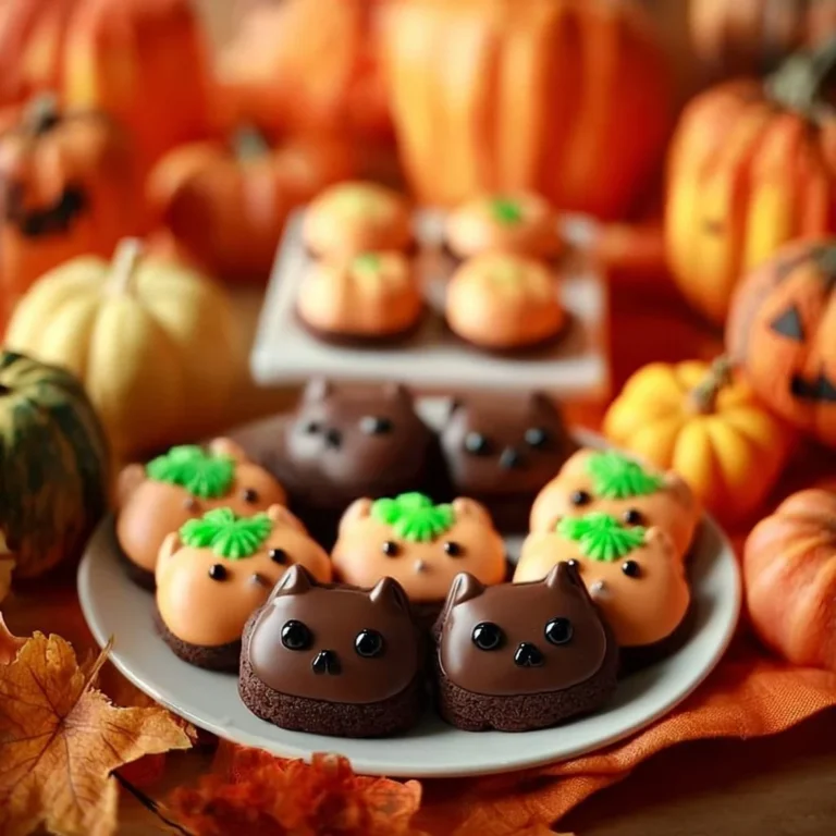 A vibrant display of Peanut Butter Ball pumpkins and playful cats, perfect for fall treats.