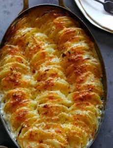Delicious Potatoes Au Gratin topped with melted cheese and baked to perfection