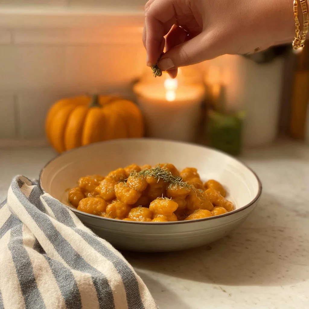 Creamy pumpkin pasta dish garnished with herbs in a bowl