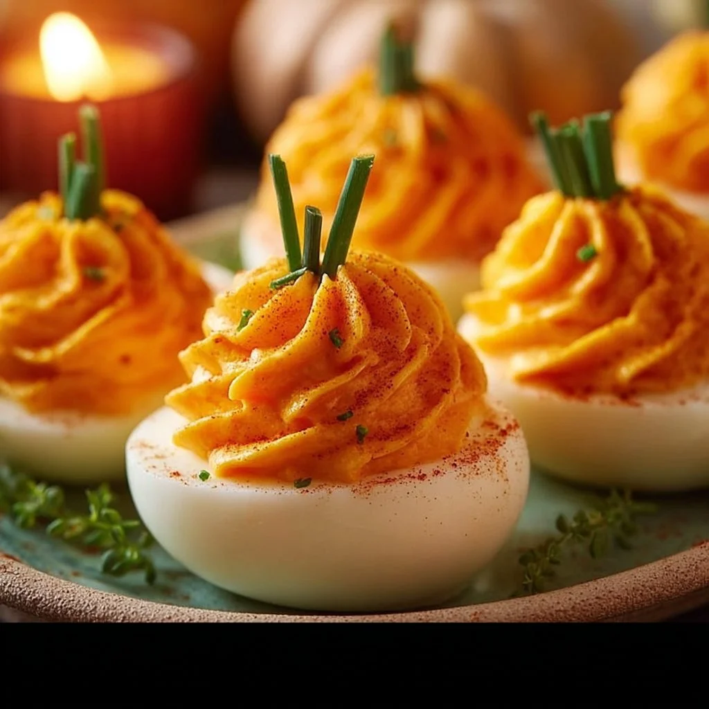 Pumpkin Patch Deviled Eggs decorated like pumpkins for Halloween