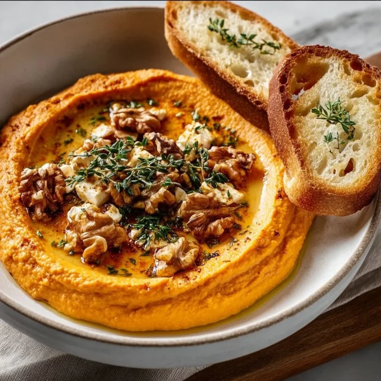 Creamy Pumpkin Feta Dip served in a bowl with fresh herbs and pita bread