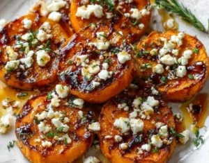 Roasted sweet potato rounds topped with honey and feta cheese