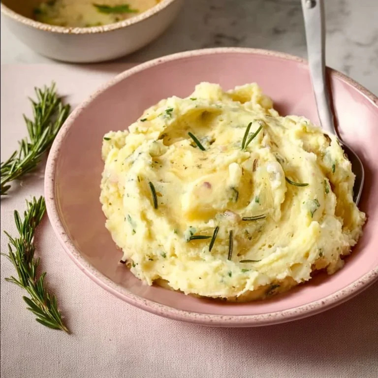 Delicious rosemary garlic mashed potatoes served in a bowl with herbs