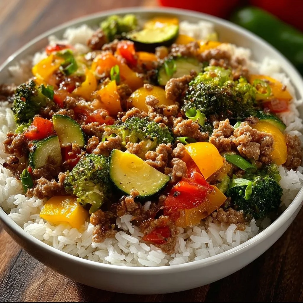 Savory ground turkey and roasted vegetable rice bowl for a healthy meal