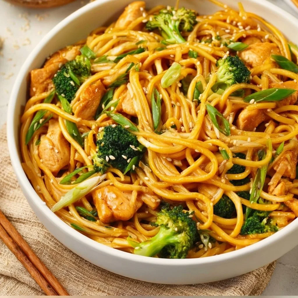 Delicious plate of Sesame Chicken served with Lo Mein noodles on a vibrant table.