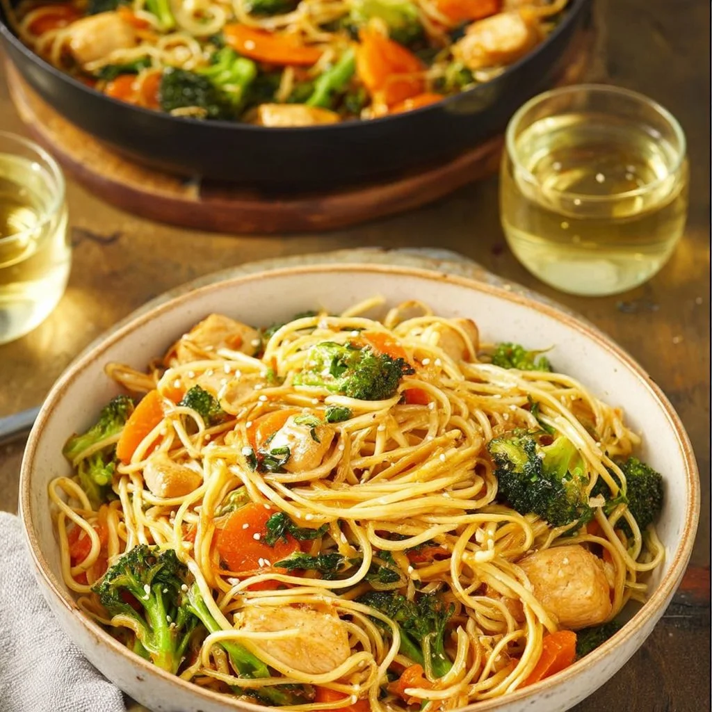 Plate of sesame chicken with lo mein noodles, garnished with sesame seeds.