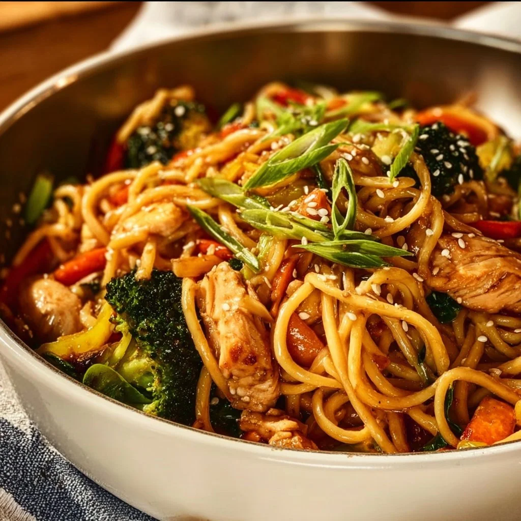 Delicious sesame chicken served with lo mein noodles.