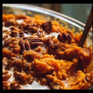 Southern Maple Sweet Potato Casserole topped with pecans and marshmallows