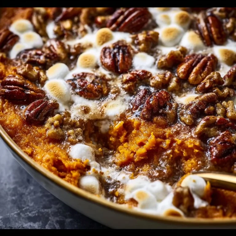 Southern Maple Sweet Potato Casserole topped with pecans and marshmallows
