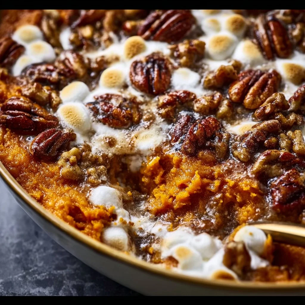 Southern Maple Sweet Potato Casserole topped with pecans and marshmallows