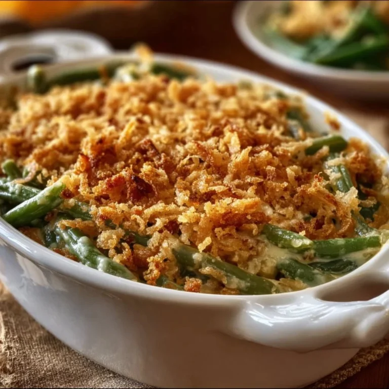 Delicious Southern-style green bean casserole topped with crispy onions.