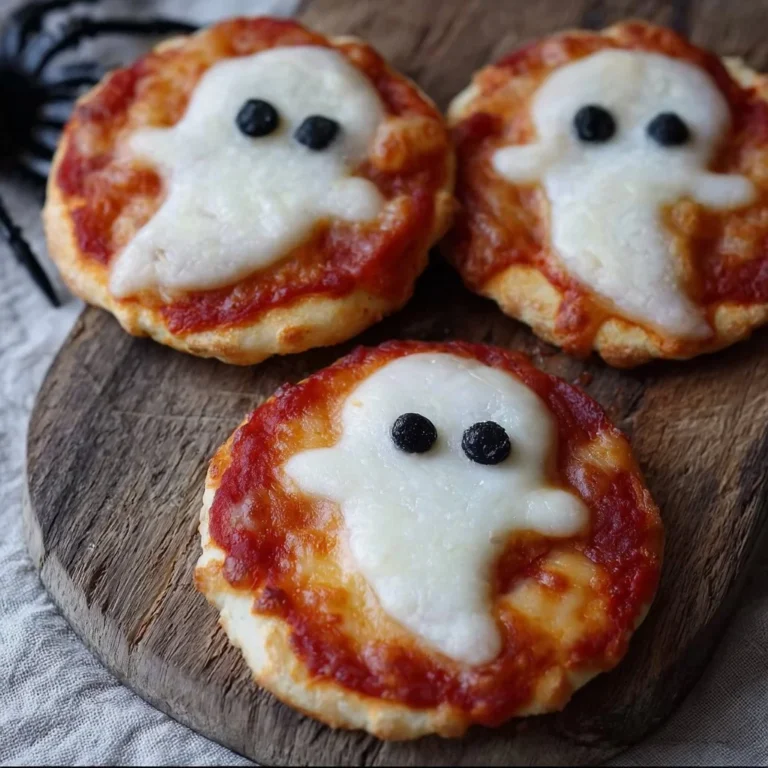 Mini ghost pizzas decorated for Halloween, easy recipe for spooky fun.