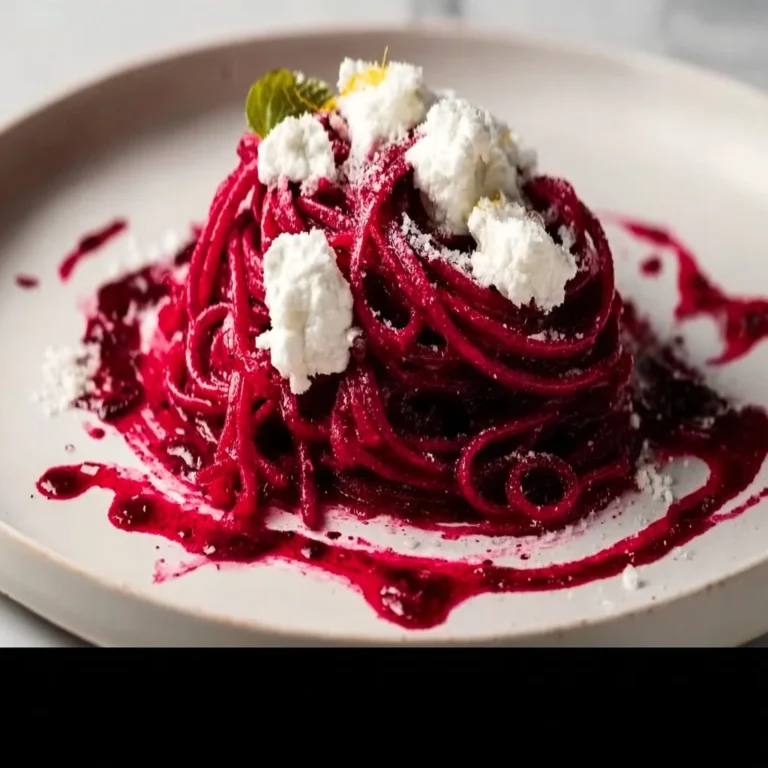 Spooky bloody beet pasta with creamy goat cheese served in a bowl