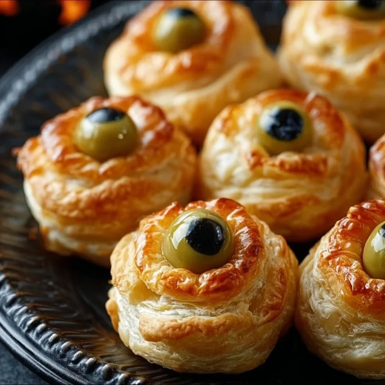 Spooky eyeball olive puffs served as a Halloween appetizer