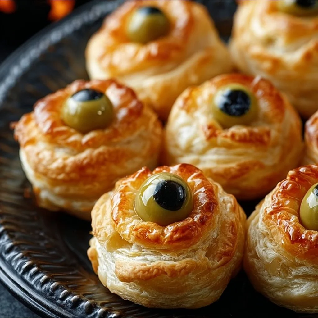 Spooky eyeball olive puffs served as a Halloween appetizer