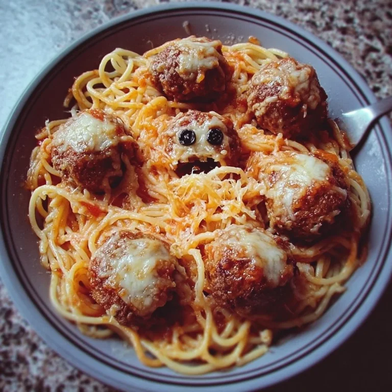 Spooky spaghetti and cheese stuffed meatballs served on a festive plate.