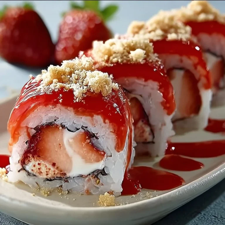 Strawberry Shortcake Sushi Roll with strawberries and cream