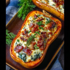 Stuffed butternut squash filled with spinach, bacon, and cheese on a plate.