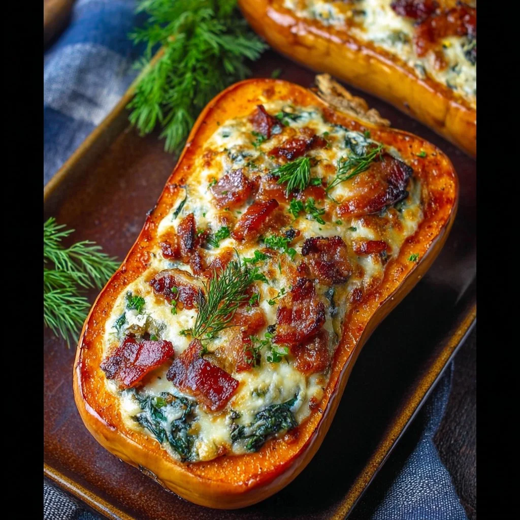 Stuffed butternut squash filled with spinach, bacon, and cheese on a plate.